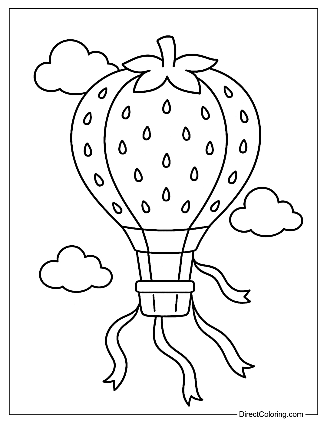 Coloring page of a strawberry hot air balloon, flying in the blue August sky with ribbons hanging down.